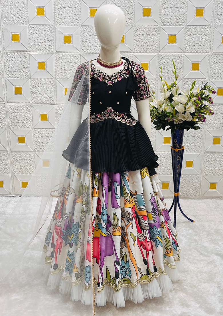 Black Digital Print With Embroidery Work Chinon Silk Lehenga Choli For Girls - Indya