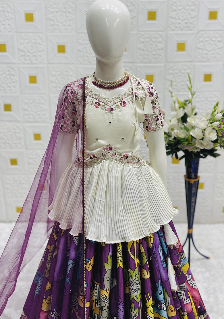 White Digital Print With Embroidery Work Chinon Silk Lehenga Choli For Girls