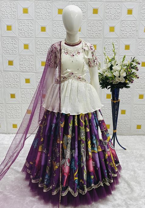 White Digital Print With Embroidery Work Chinon Silk Lehenga Choli For Girls