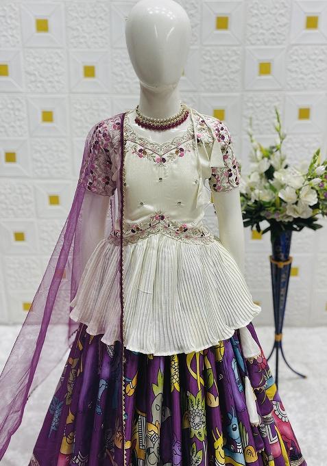 White Digital Print With Embroidery Work Chinon Silk Lehenga Choli For Girls