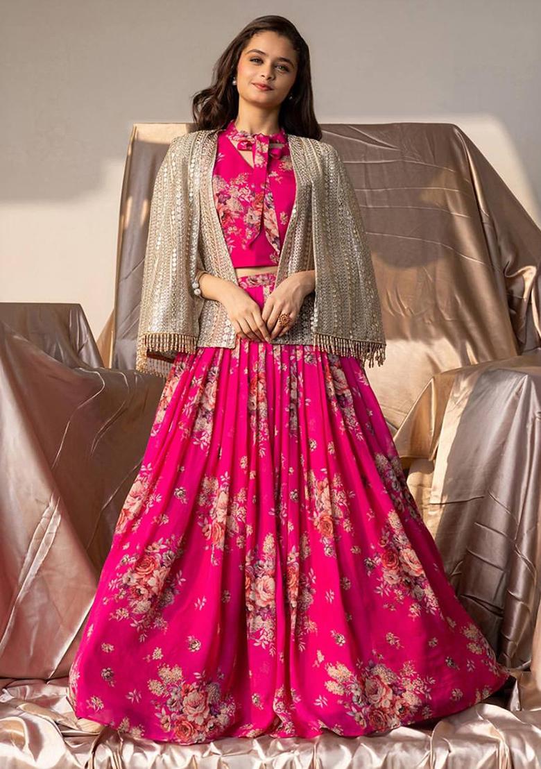 Pink Digital Print With Embroidery Work Georgette Lehenga Choli For Girls
