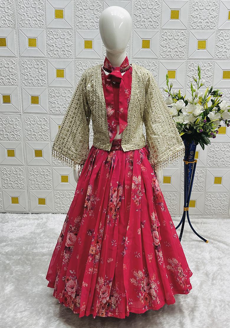 Pink Digital Print With Embroidery Work Georgette Lehenga Choli For Girls