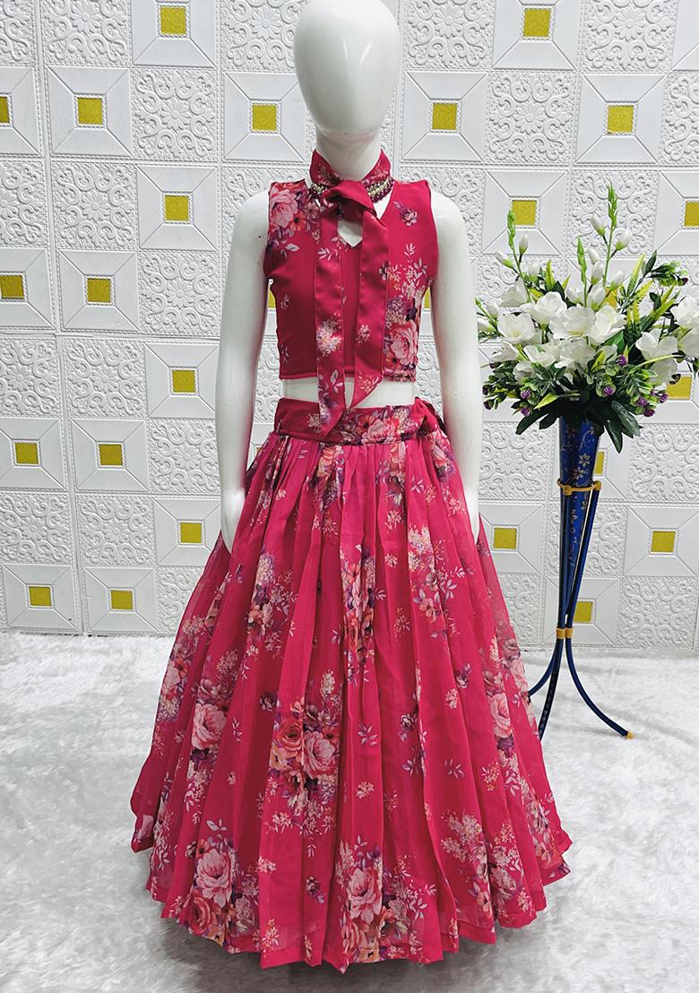 Pink Digital Print With Embroidery Work Georgette Lehenga Choli For Girls