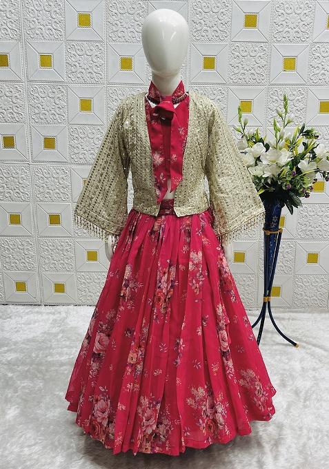 Pink Digital Print With Embroidery Work Georgette Lehenga Choli For Girls