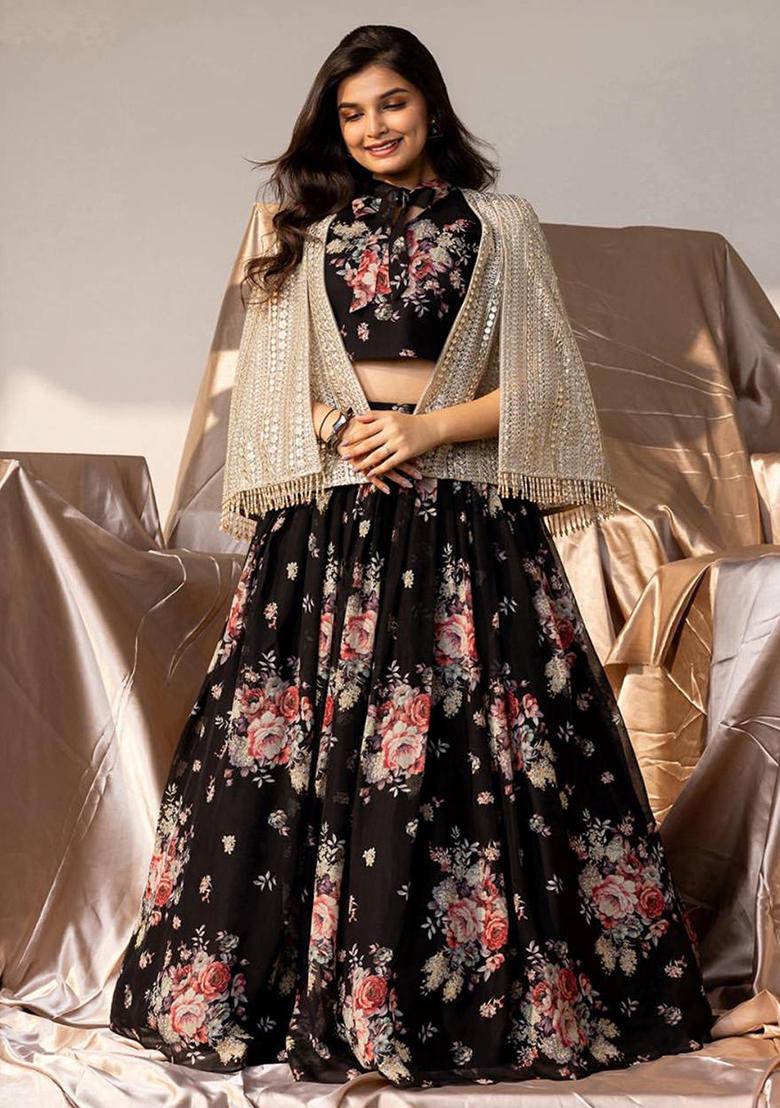 Black Digital Print With Embroidery Work Georgette Lehenga Choli For Girls