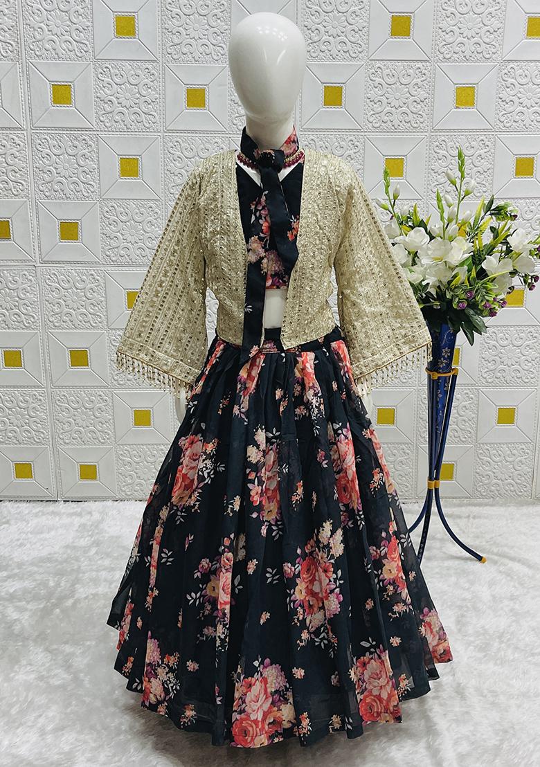 Black Digital Print With Embroidery Work Georgette Lehenga Choli For Girls