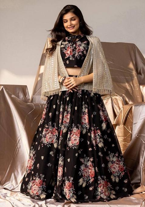 Black Digital Print With Embroidery Work Georgette Lehenga Choli For Girls