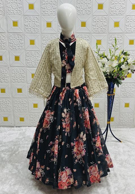 Black Digital Print With Embroidery Work Georgette Lehenga Choli For Girls