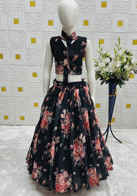 Black Digital Print With Embroidery Work Georgette Lehenga Choli For Girls