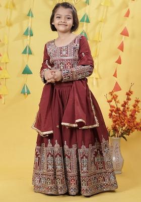 Maroon Embroidery Work Vichitra Silk Lehenga Choli For Girls