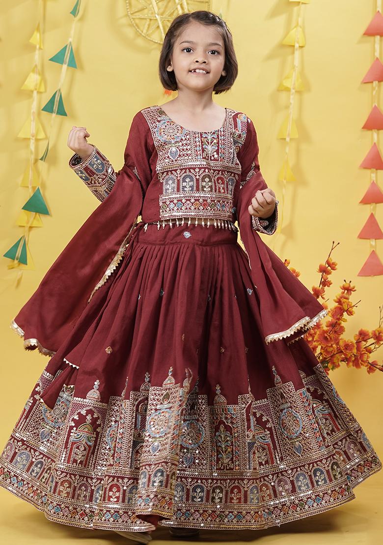 Maroon Embroidery Work Vichitra Silk Lehenga Choli For Girls