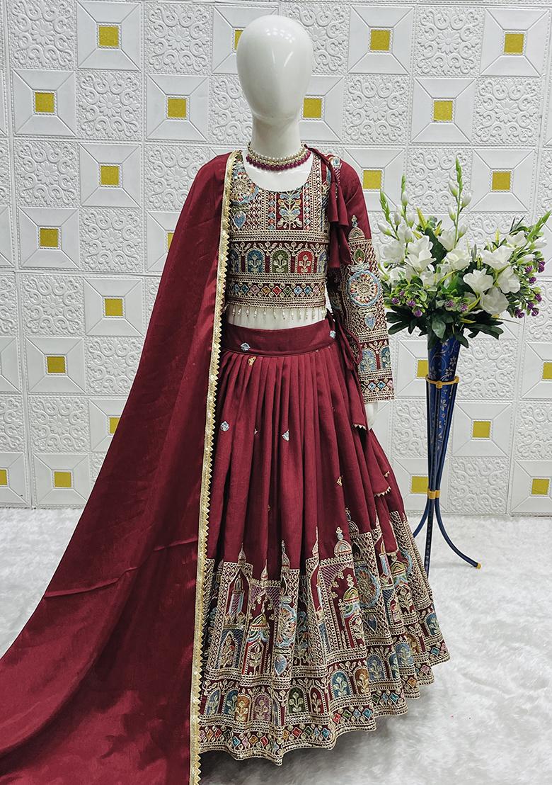 Maroon Embroidery Work Vichitra Silk Lehenga Choli For Girls