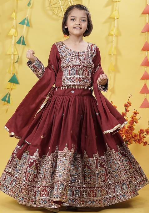 Maroon Embroidery Work Vichitra Silk Lehenga Choli For Girls