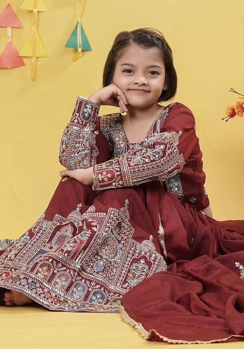 Maroon Embroidery Work Vichitra Silk Lehenga Choli For Girls