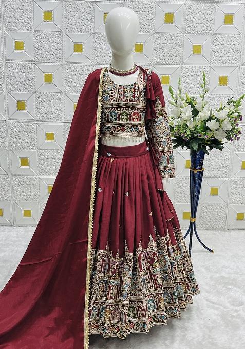 Maroon Embroidery Work Vichitra Silk Lehenga Choli For Girls