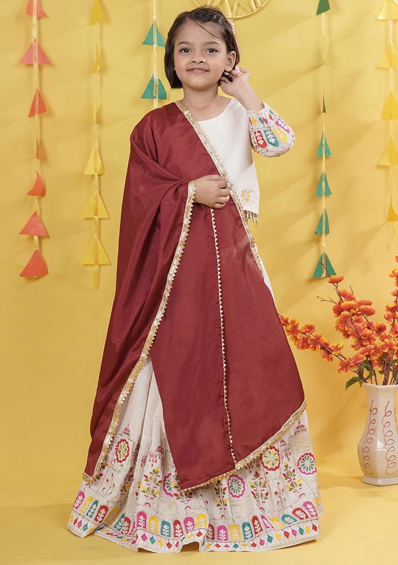 White Embroidery Work Cotton Lehenga Choli For Girls