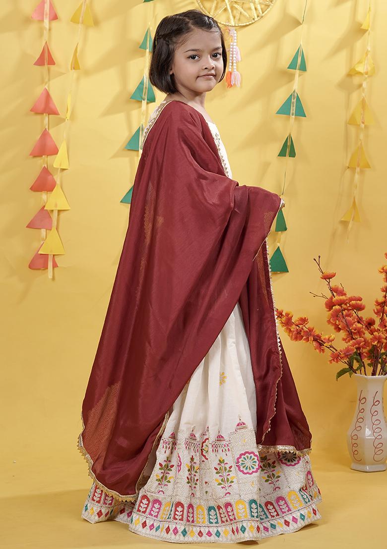 White Embroidery Work Cotton Lehenga Choli For Girls