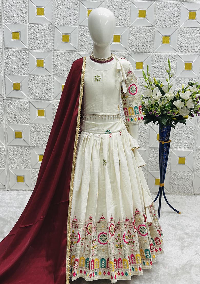 White Embroidery Work Cotton Lehenga Choli For Girls