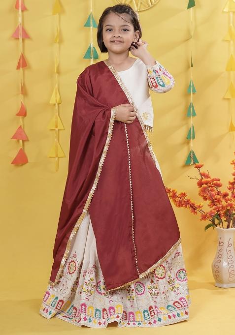 White Embroidery Work Cotton Lehenga Choli For Girls