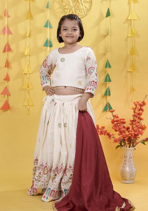 White Embroidery Work Cotton Lehenga Choli For Girls