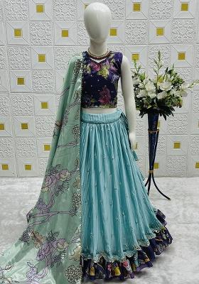 Blue Digital Print With Embroidery Work Chinon Silk Lehenga Choli For Girls