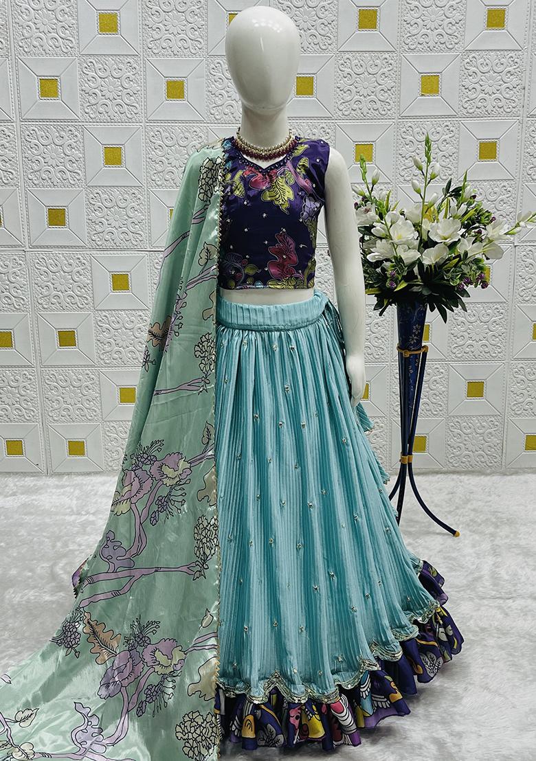 Blue Digital Print With Embroidery Work Chinon Silk Lehenga Choli For Girls