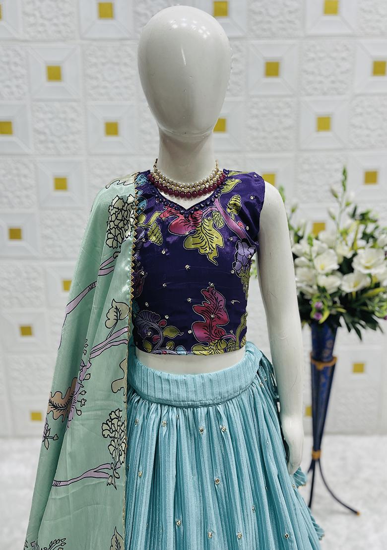 Blue Digital Print With Embroidery Work Chinon Silk Lehenga Choli For Girls