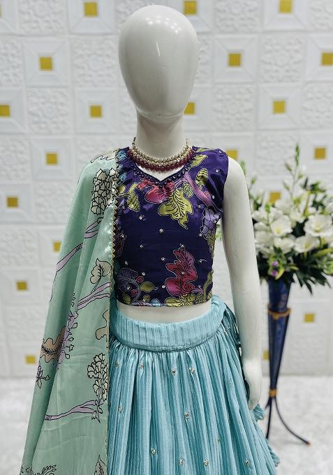 Blue Digital Print With Embroidery Work Chinon Silk Lehenga Choli For Girls
