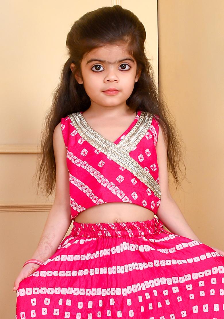 Girls Magenta Bandhani Lehenga Top Set - Indya