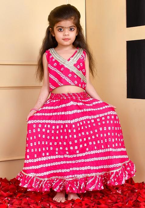 Girls Magenta Bandhani Lehenga Top Set — view on Indya