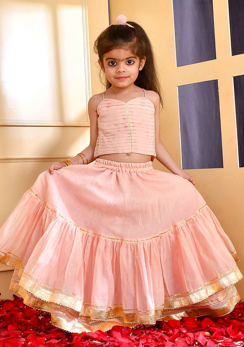 Girls Powder Pink Chanderi Lehenga Set - Indya