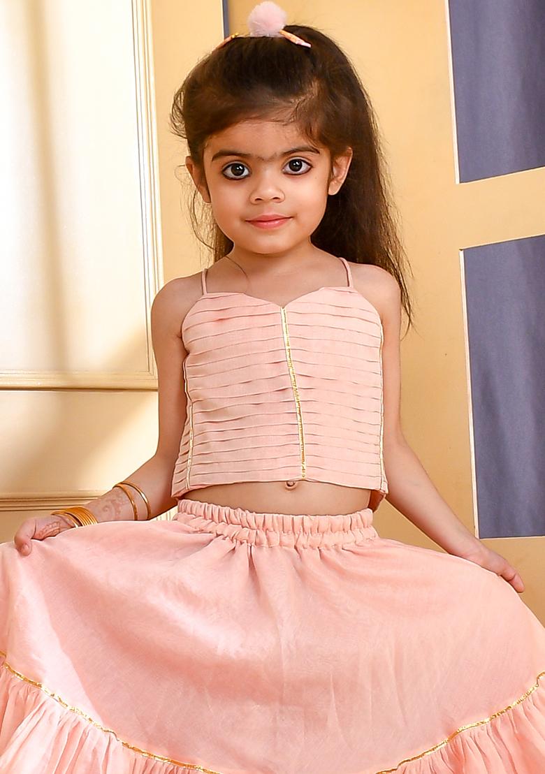 Girls Powder Pink Chanderi Lehenga Set - Indya