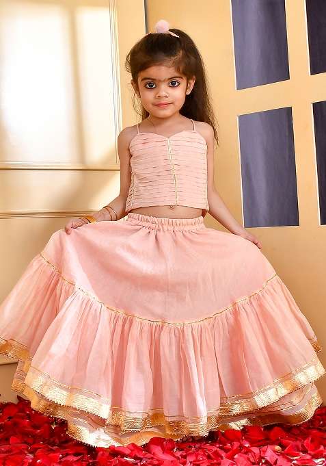 Girls Powder Pink Chanderi Lehenga Set