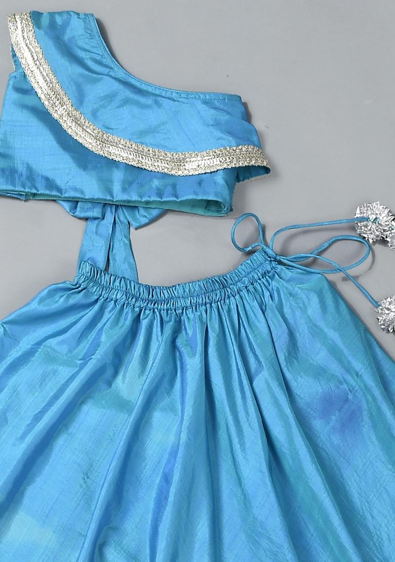 Girls Teal Blue Back Bow Lehenga Set - Indya