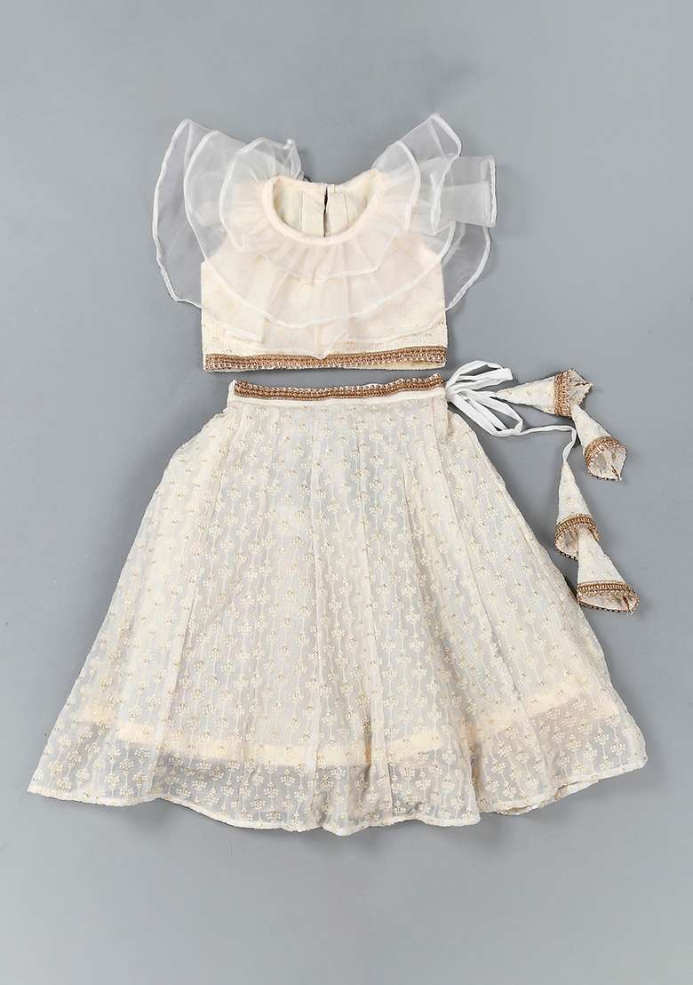 Girls White Chikankari Lehenga Set - Indya
