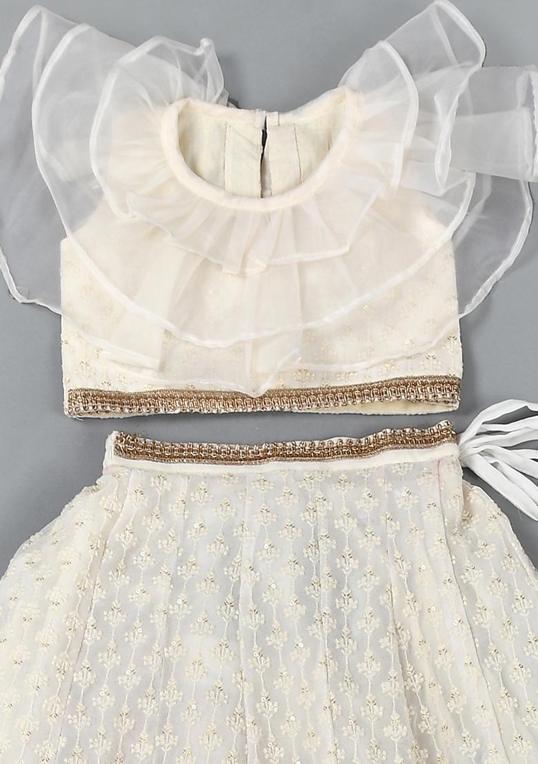 Girls White Chikankari Lehenga Set - Indya