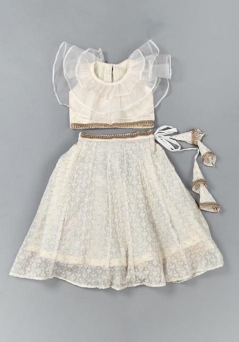 Girls White Chikankari Lehenga Set