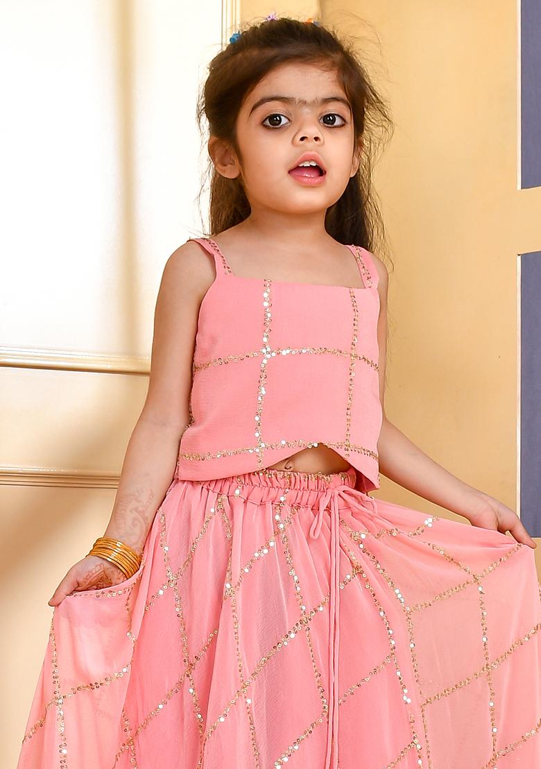 Girls Peach Sequence Lehenga Set - Indya
