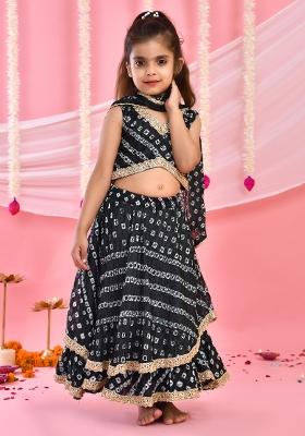 Girls Black Bandhani Lehenga and Top Set With Dupatta
