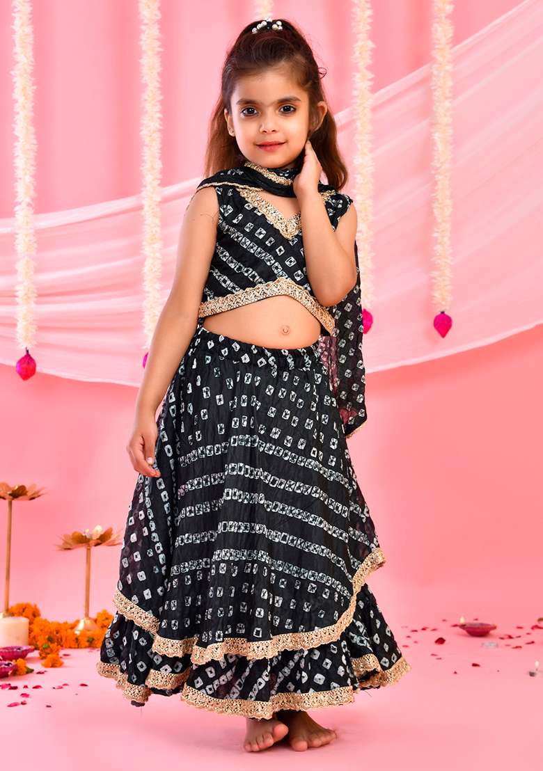 Girls Black Bandhani Lehenga and Top Set With Dupatta - Indya
