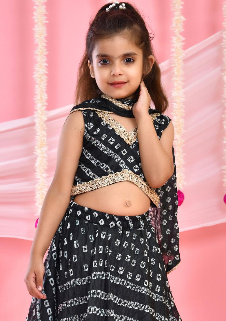 Girls Black Bandhani Lehenga and Top Set With Dupatta - Indya