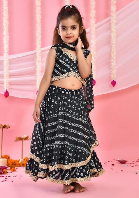 Girls Black Bandhani Lehenga and Top Set With Dupatta