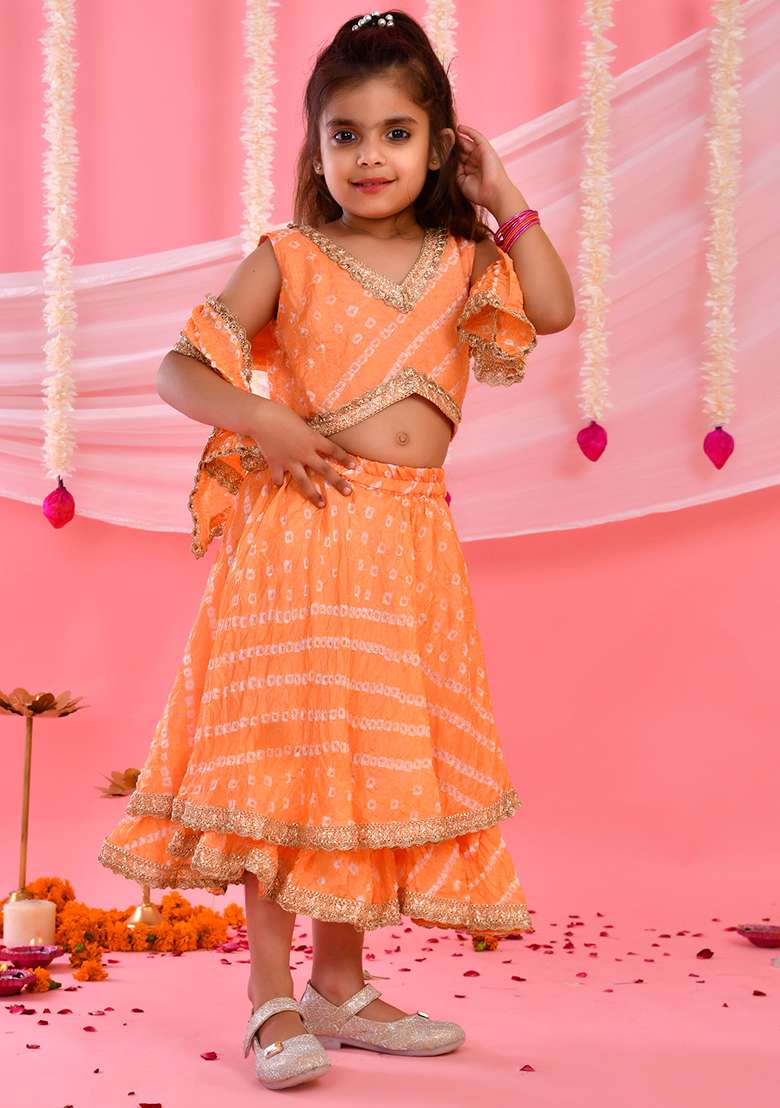 Girls Peach Bandhani Lehenga and Top Set With Dupatta - Indya