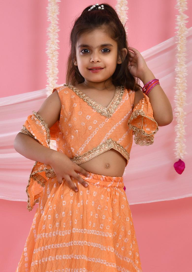 Girls Peach Bandhani Lehenga and Top Set With Dupatta - Indya