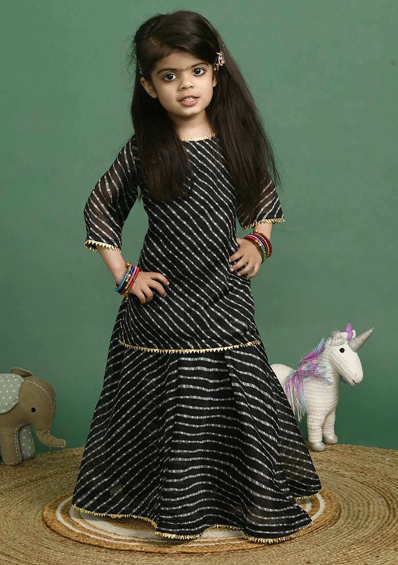 Girls Black Leheriya Kota Doriya Skirt Kurta Set - Indya