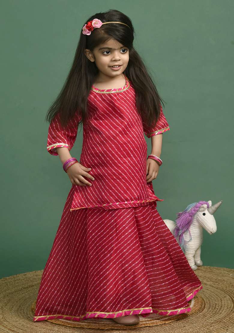 Girls Magenta Leheriya Kurta Skirt Set - Indya