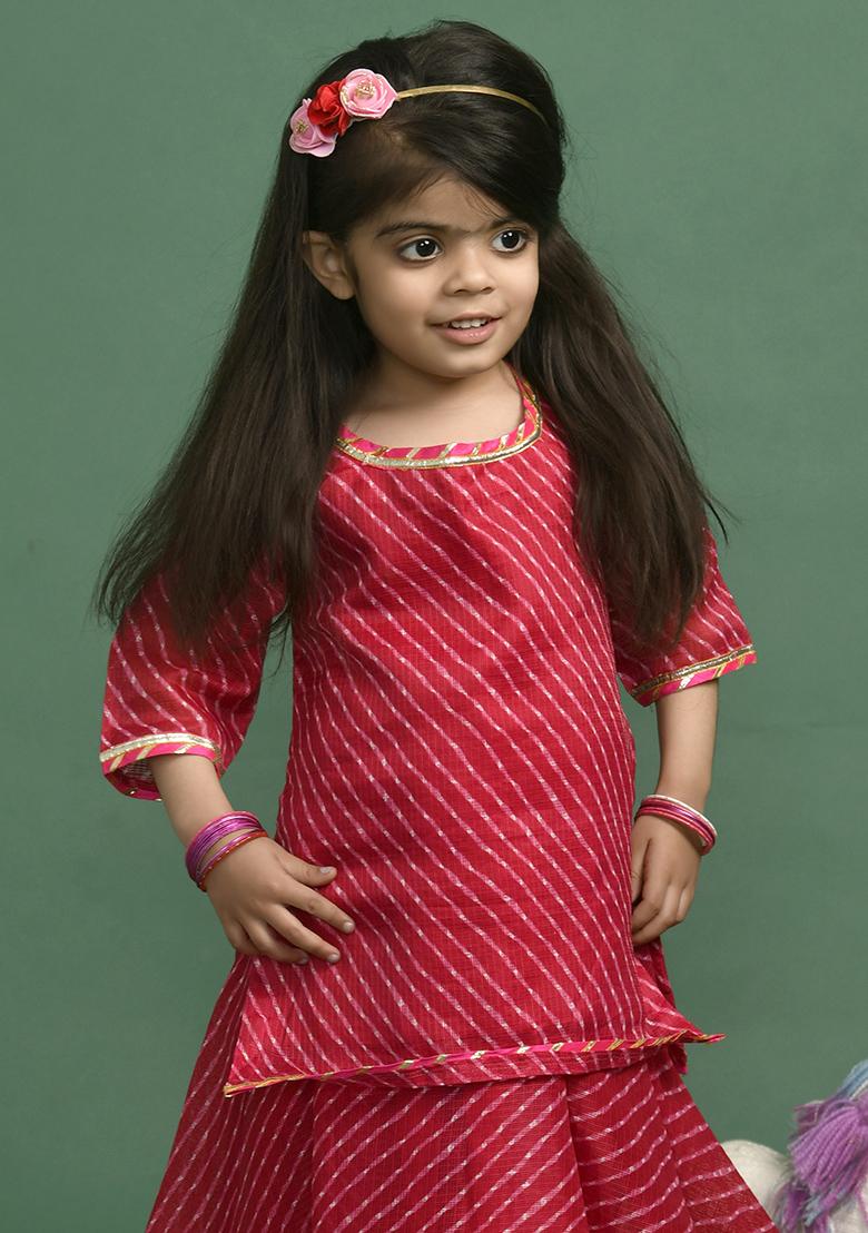Girls Magenta Leheriya Kurta Skirt Set - Indya