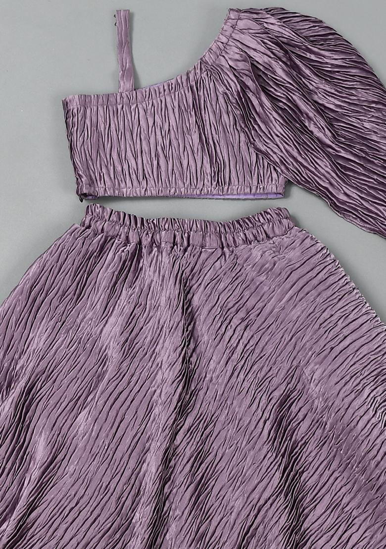 Girls Lavender Pleated Lehenga Set - Indya