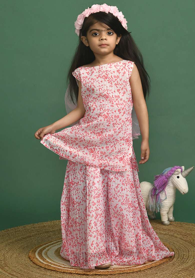 Girls Pink White Kurta and Skirt Set - Indya