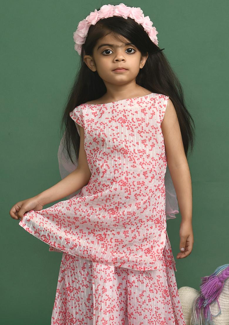 Girls Pink White Kurta and Skirt Set - Indya